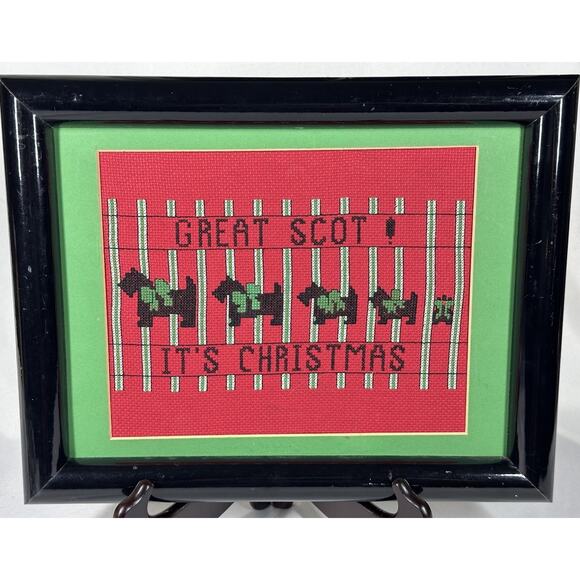 VTG Framed Handmade Finished Cross Stitch Scotty Dog Family Merry Christmas - Picture 1 of 6